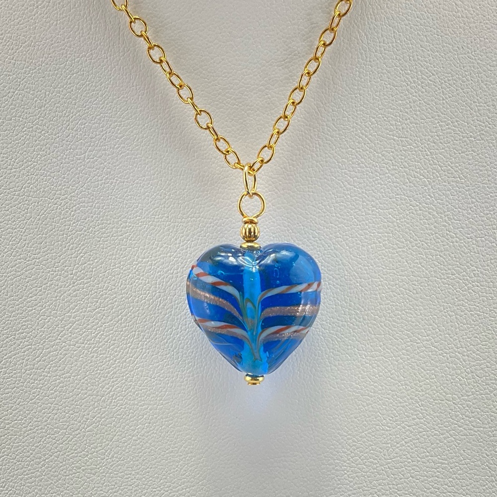 Blue Lamp Work Heart Pendant Necklace, Artisan Lamp Work Heart, Murano Italy